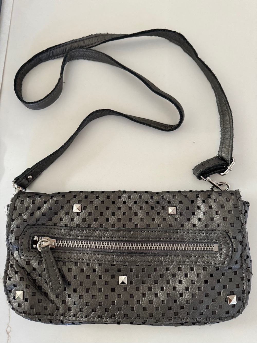 Linea Pelle Black Perforated Leather Crossbody/ Clutch with Silver Studs